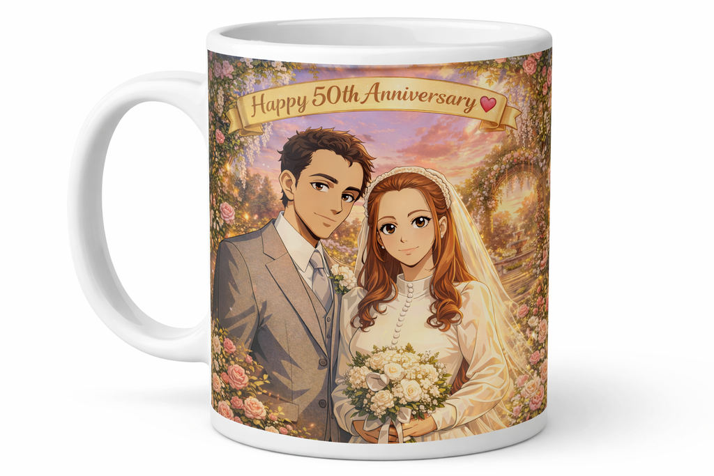 Custom 50th Anniversary Cartoon Portrait Mug – 11 oz