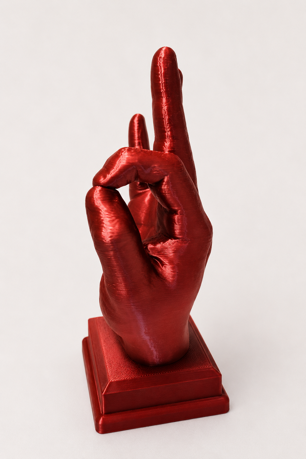 Metallic Red Hand Gesture Sculpture – 3D-Printed Desk Décor