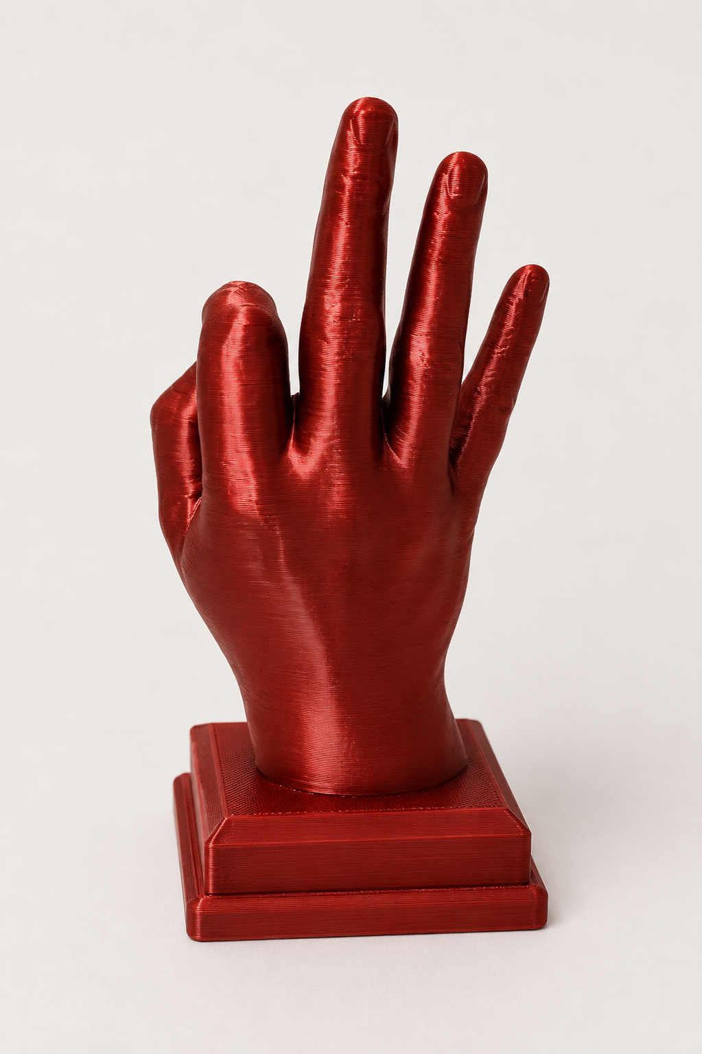 Metallic Red Hand Gesture Sculpture – 3D-Printed Desk Décor
