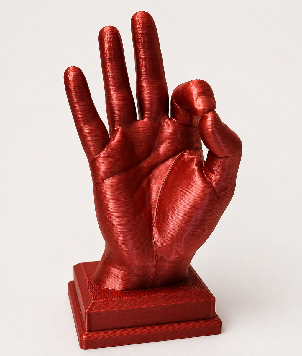 Metallic Red Hand Gesture Sculpture – 3D-Printed Desk Décor