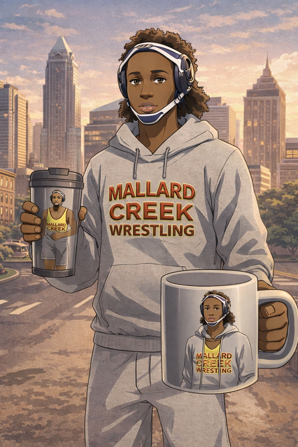 Custom Athlete Cartoon Portrait Gift Set – Hoodie, Mug & Tumbler Design