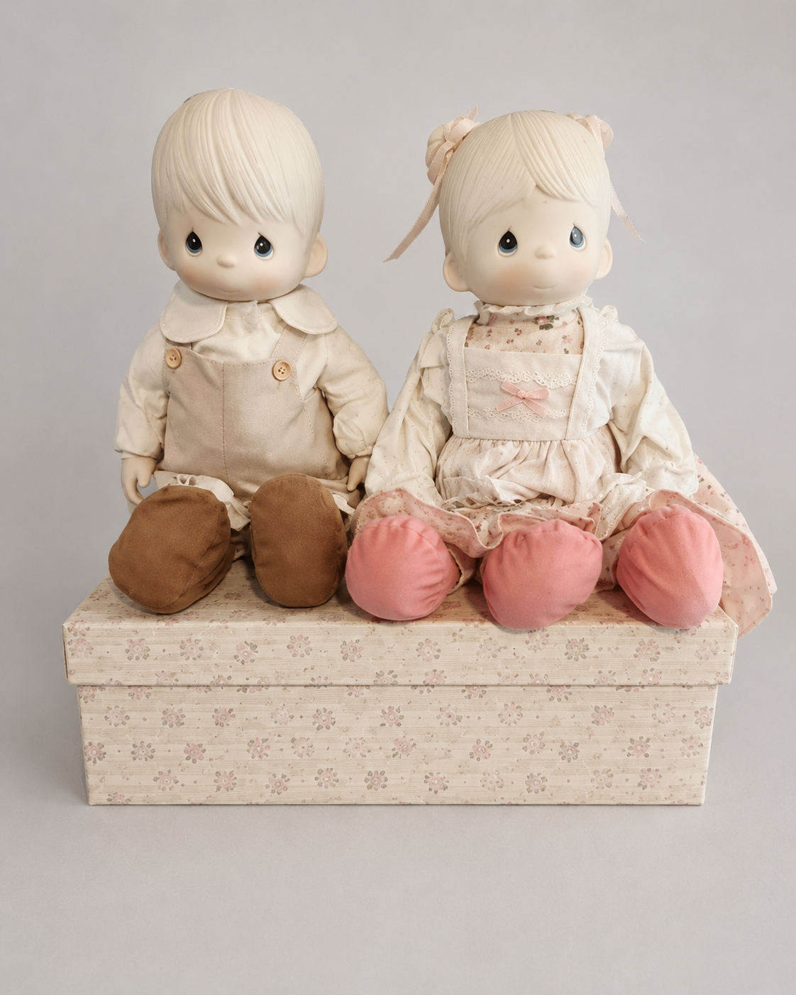Vintage-Inspired Collectible Doll Pair with Decorative Storage Box